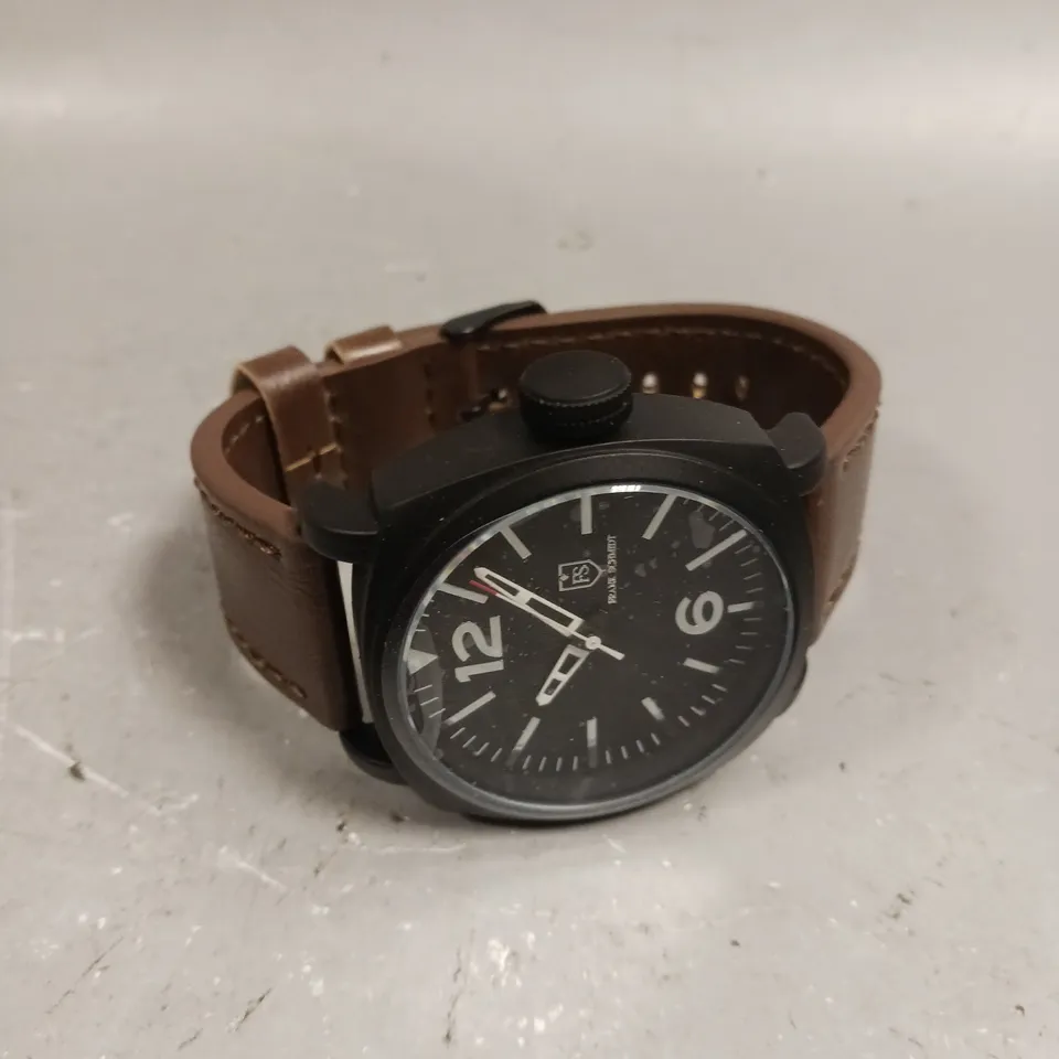 MENS FRANK SCHMIDT WATCH – LARGE BLACK CASE – BLACK PILOT DIAL – BROWN LEATHER STRAP – 3ATM WATER RESISTANT