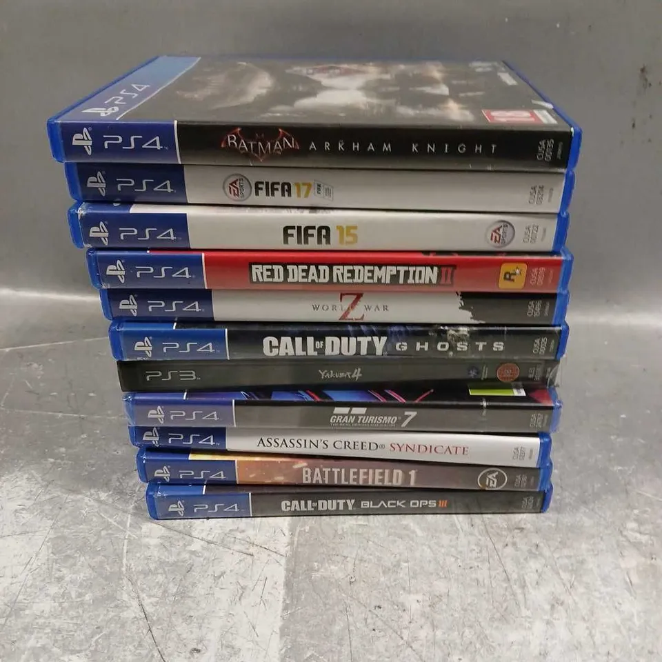 APPROXIMATELY 10 ASSORTED PS4/3 VIDEO GAMES TO INCLUDE BATMAN, RED DEAD REDEMPTION 2, WORLD WAR Z ETC 