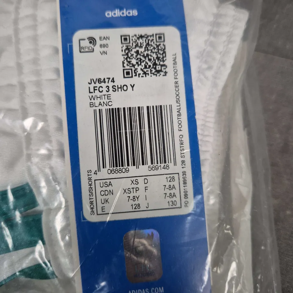 Adidas LFC 3 Shorts – White with teal stripes – Kids UK 7-8Y 