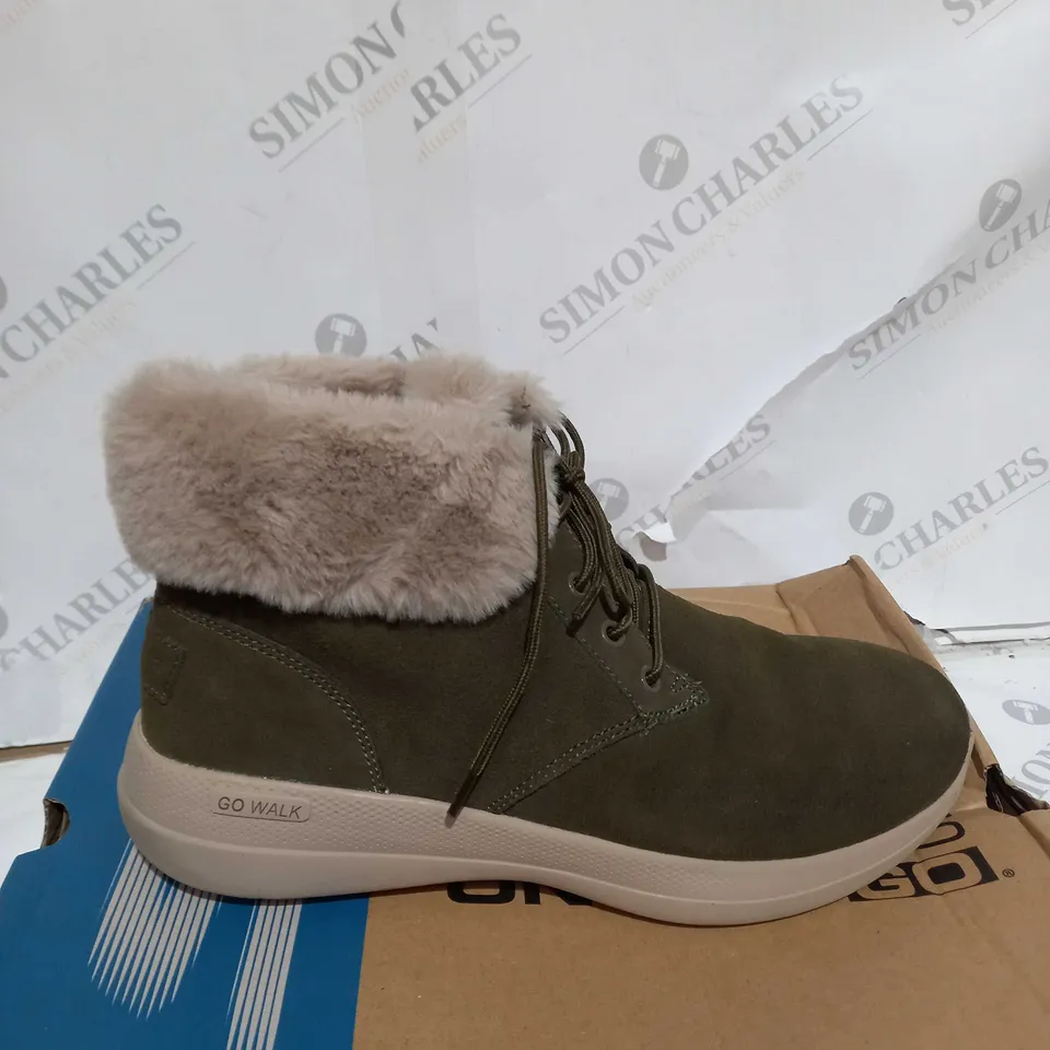 BOXED SKECHERS GO WALK STABILITY SUEDE BOOTS, OLIVE - SIZE 6