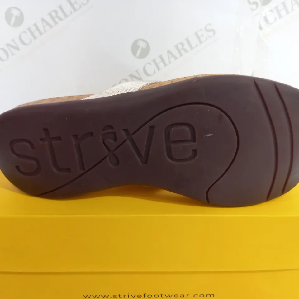 BOXED PAIR OF STRIVE TAN PLATFORM SANDAL - SIZE 6