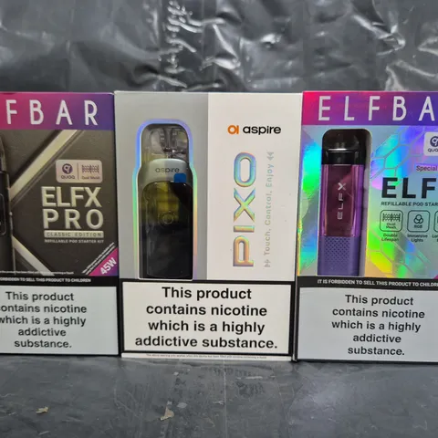 BOX OF APPROXIMATELY 20 ASSORTED VAPING ITEMS AND PRODUCTS TO INCLUDE ELFBAR, ASPIRE, ETC