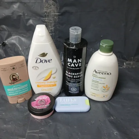 APPROXIMATEY 20 ASSORTED HEALTH AND BEAUTY PRODUCTS TO INCLUDE DOVE BODY WASH, DR SQUATCH DEODORANT STICK AND MAN CAVE BODY SCRUB