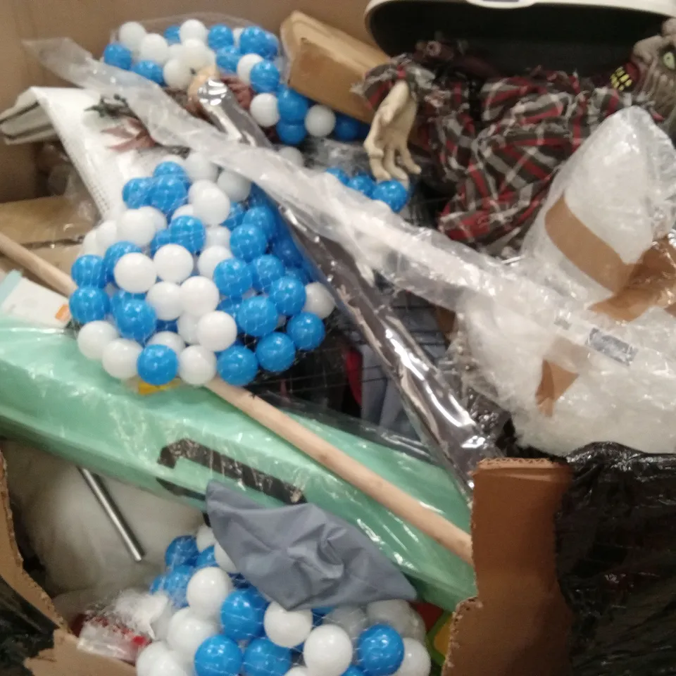 PALLET OF ASSORTED PRODUCTS AND ITEMS TO INCLUDE; HALLOWEEN DECORATION,CLOTHING,BACKPACK,CAT LITTER TRAY,BALLS FOR BALL PIT,ETC