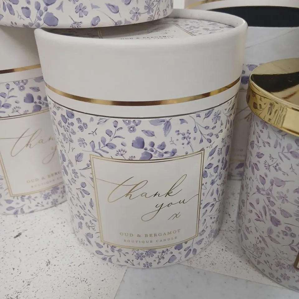 ASSORTED SCENTED CANDLES BUNDLE: OUD & BERGAMOT, SEA, EVERGREEN FOREST, MOROCCAN CLOVES IN TINS AND JARS (BOX INCLUDED)