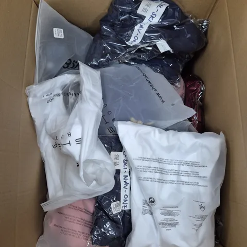 LARGE BOX OF ASSORTED CLOTHING ITEMS IN VARIOUS COLOURS, SIZES AND STYLES