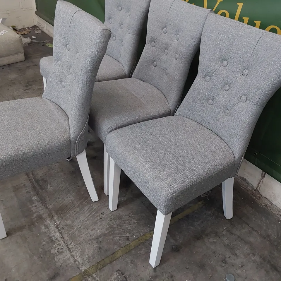 SET OF FOUR UPHOLSTERED DINING CHAIRS BUTTONED BACK GREY FABRIC ON WHITE PAINTED LEGS 