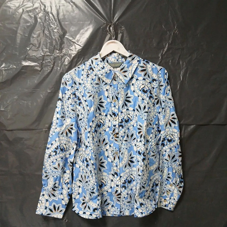 RUTH LANGSFORD PRINTED SHIRT IN BLUE PAIS - SIZE 14