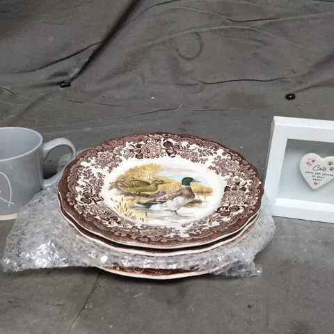 LOT OF APPROXIMATELY 20 ASSORTED POTTERY ITEMS TO INCLUDE MUGS, SMALL CAT PICTURE FRAME AND DINNER PLATES