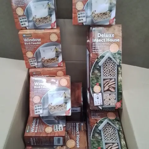 BOX CONTAINING LARGE AMOUNT OF BRAND NEW WINDOW BIRD FEEDING STATIONS AND DELUXE INSECT HOUSES