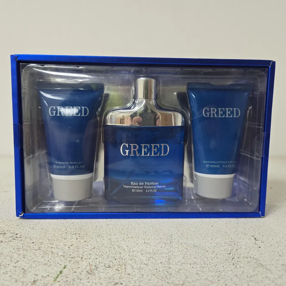 GREED EAU DE PARFUM GIFT SET – 3-PIECE BLUE BOX WITH BOTTLE & SHOWER GEL/BODY LOTION
