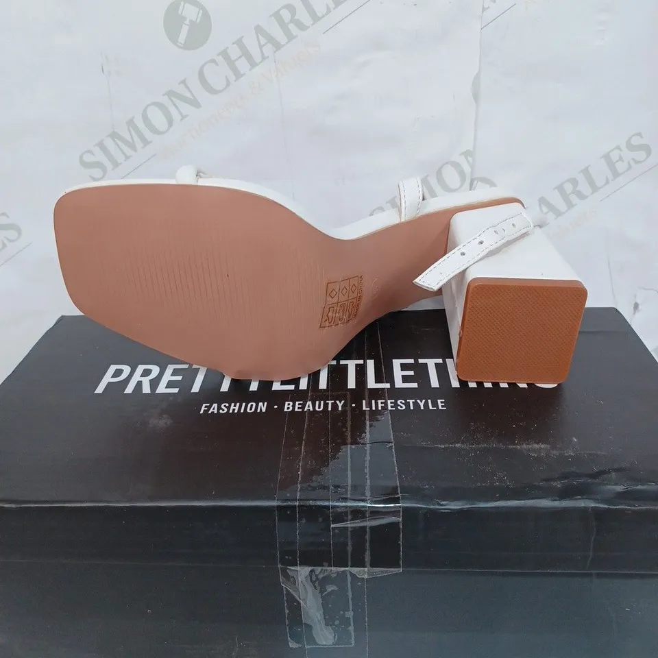 BOXED PAIR OF PRETTY-LITTLE-THING BARELY BLOCK HEELED SANDALS - WHITE / SIZE: 6 UK 