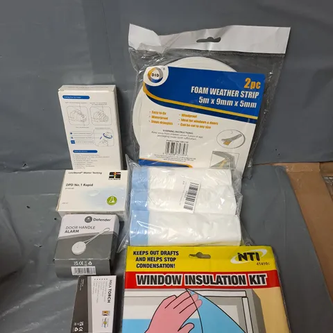 APPROXIMATELY 20 ASSORTED HOUSEHOLD ITEMS TO INCLUDE WEATHER STRIP, WINDOW INSULATION KIT, DOOR HANDLE ALARM, ETC
