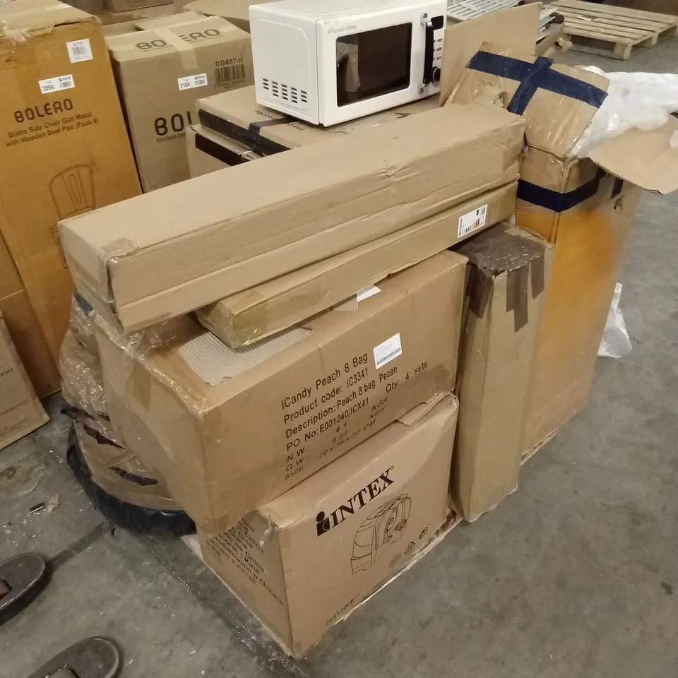 PALLET OF ASSORTED INCOMPLETE OR DAMAGED HOUSEHOLD GOODS AND PRODUCTS TO INCLUDE; PRAM PARTS, AIR CONDITIONER, MICROWAVE, INDOOR LIGHTING ETC