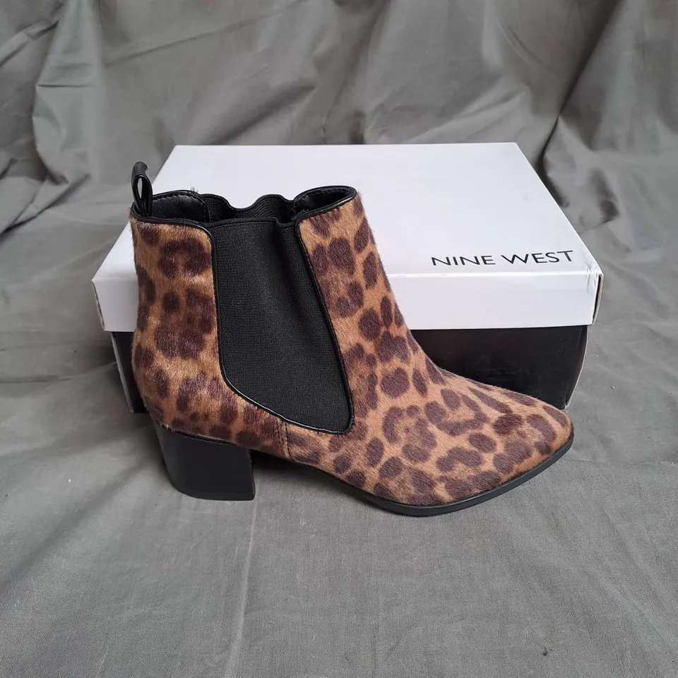 BOXED PAIR OF NINE WEST SYNTHETIC ANKLE BOOTS IN LEOPARD SIZE EU 35