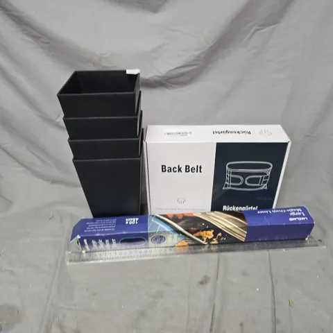 APPROXIMATELY 12 ASSORTED HOUSEHOLD PRODUCTS TO INCLUDE BACK BELT, OVEN LINER, METAL RULER, ETC - COLLECTION ONLY