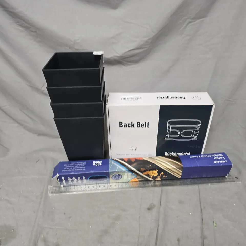 APPROXIMATELY 12 ASSORTED HOUSEHOLD PRODUCTS TO INCLUDE BACK BELT, OVEN LINER, METAL RULER, ETC - COLLECTION ONLY