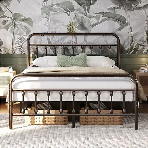 BOXED YAHEETECH DOUBLE BED FRAME SLATTED METAL BED WITH CROWN-INSPIRED DESIGN HEADBOARD - BRONZE (1 BOX)