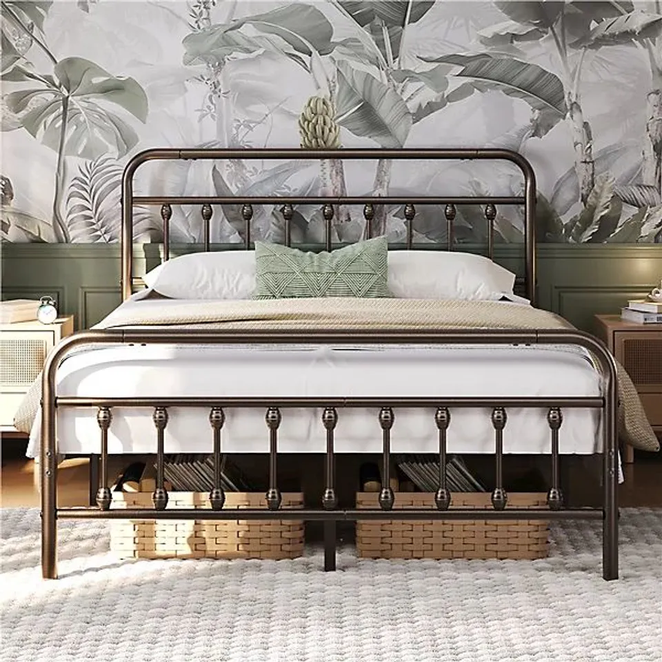 BOXED YAHEETECH DOUBLE BED FRAME SLATTED METAL BED WITH CROWN-INSPIRED DESIGN HEADBOARD - BRONZE (1 BOX)