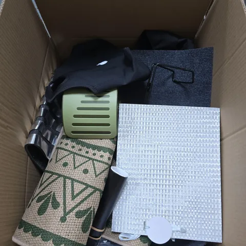 BOX OF APPROXIMATELY 15 ASSORTED HOUSEHOLD ITEMS INCLUDING ACRYLIC THREAD WOOL , ROLL OF WALLPAPER AND SMALL PLASTIC WATERING CAN