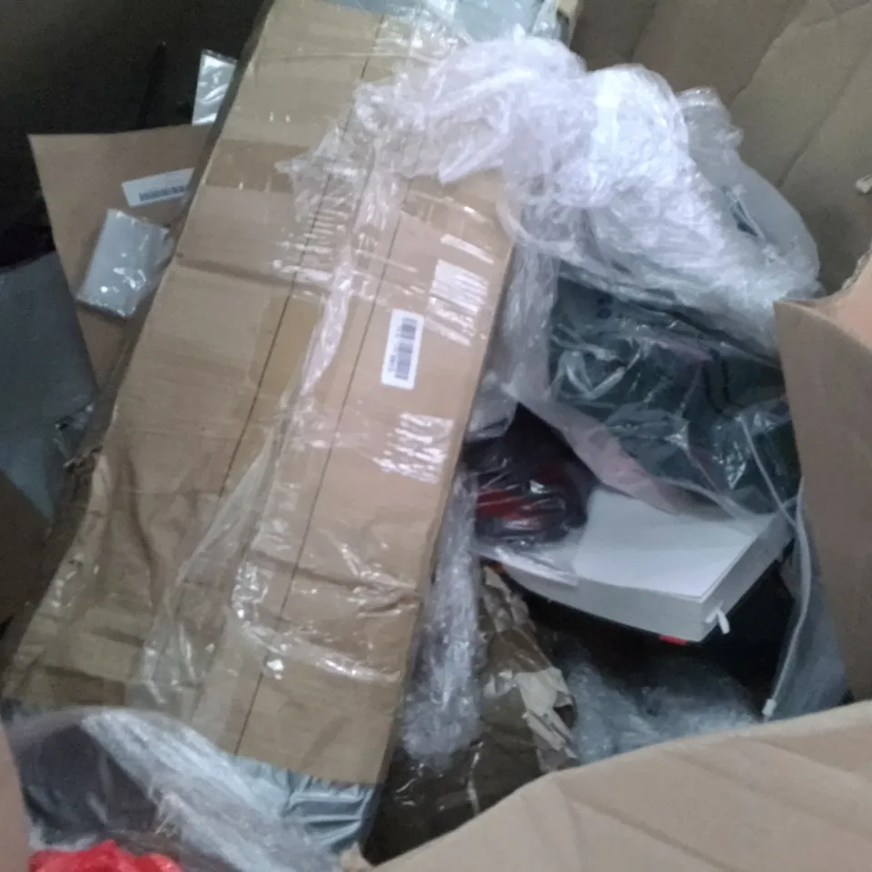 PALLET OF ASSORTED ITEMS INCLUDING FRYER, TRIVIAL PURSUIT, TRADING CARD BINDER, BEER PONG SET, UMBRELLA, PHONE CASE. INFLATABLE POOL LOUNGER FLOAT
