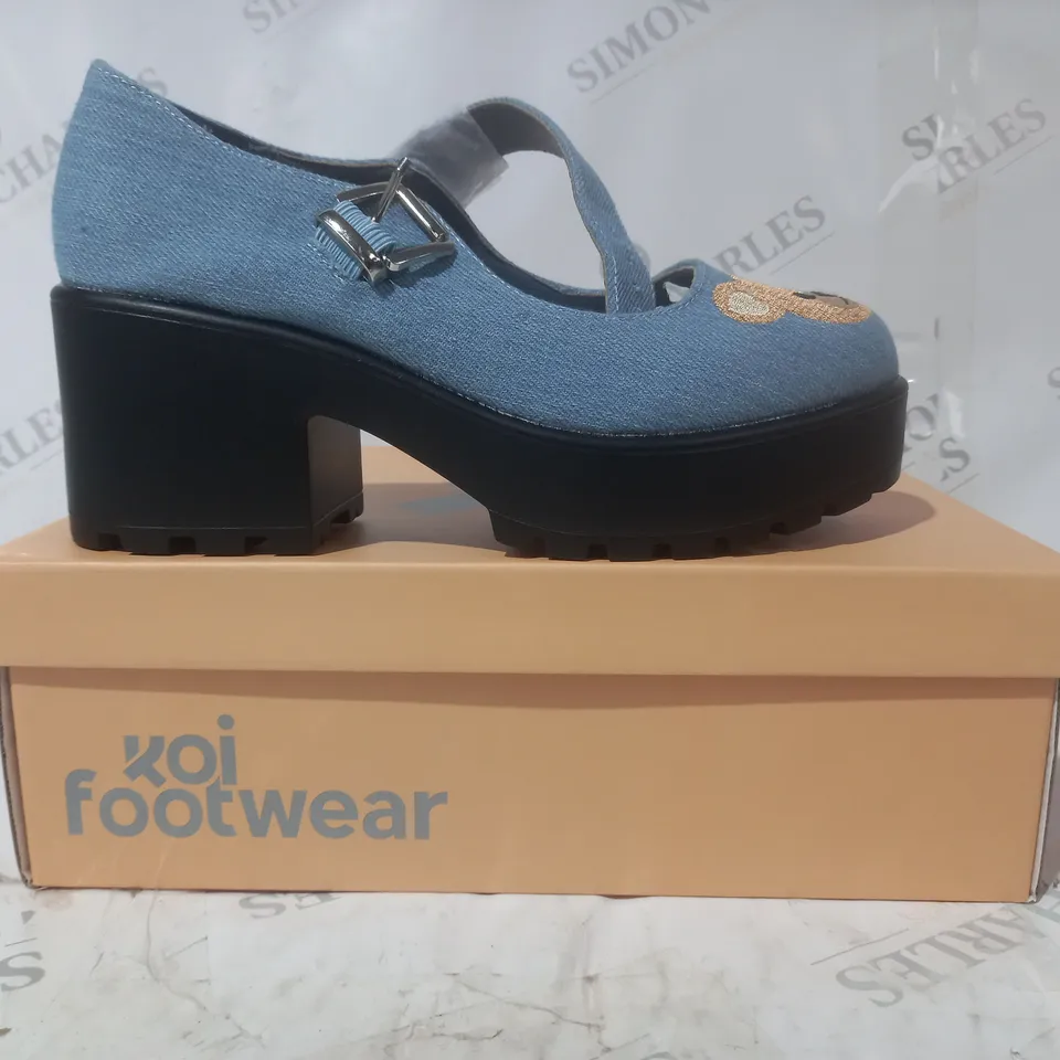 BRAND NEW BOXED PAIR OF KOI VEGAN LEATHER TIRA MARY JANES YOGI TEDDY BEAR EDITION SHOES IN DEMIN/TEDDY BEAR UK SIZE 5