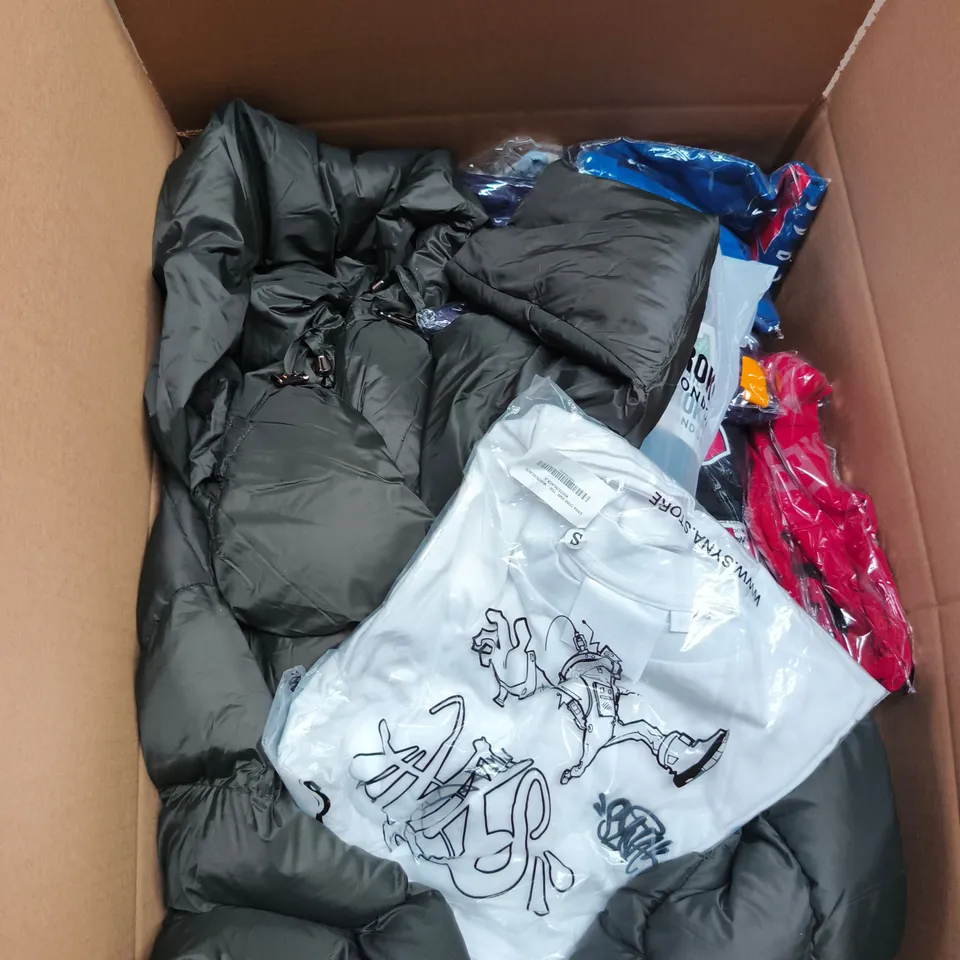 LARGE BOX OF APPROXIMATELY 25 ASSORTED CLOTHING ITEMS IN VARIOUS COLOURS, STYLES AND SIZES - COLLECTION ONLY