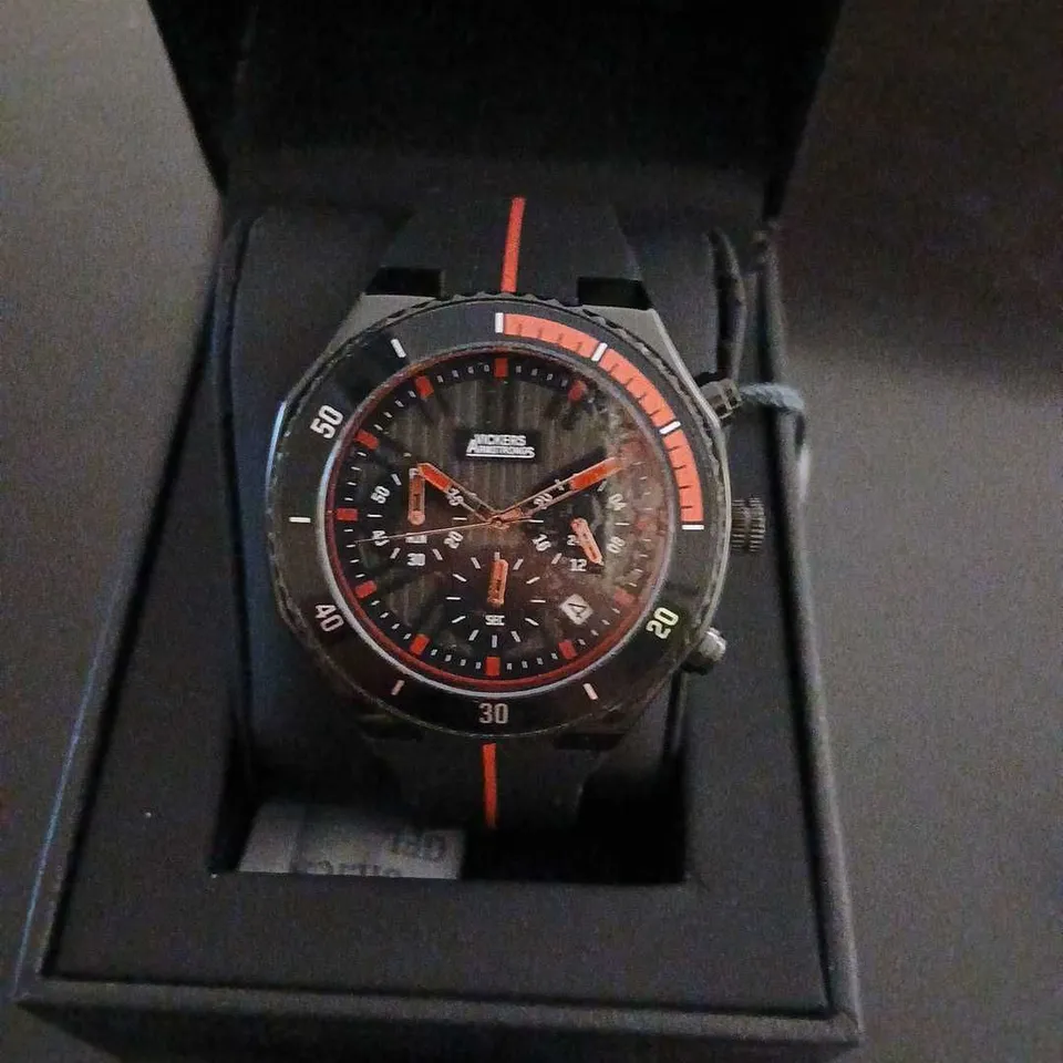 VICKERS ARMSTRONGS CHRONOGRAPH WATCH – BLACK WITH RED STRIPE STRAP (BOXED)