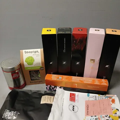 APPROXIMATELY 10 ASSSORTED COFFEE & TEA PRODUCTS TO INCLUDE SMALL BATCH RWANDA SHANGHAI 20 (250g), NESPRESSO MUG MELOZIO VERTUO (10 PODS), TEAPIGS APPLE & CINNAMON (50 TEA TEMPLES), ETC