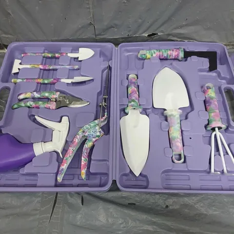 BOXED 10PCE GARDENING TOOL SET IN PURPLE FLORAL