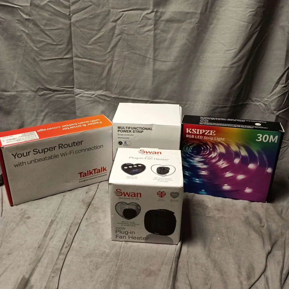 BOX OF APPROXIMATELY 15 ASSORTED HOUSEHOLD ITEMS TO INCLUDE KSIPZE RGD LED STRIP LIGHT, PLUG IN FAN HEATER, ROUTER, MULTI FUNCTIONAL POWER STRIP ETC