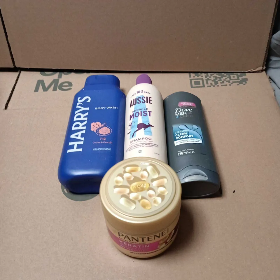 APPROXIMATELY 15 ASSORTED COSMETIC ITEMS TO INCLUDE HARRY'S, AUSSIE MIRACLE MOIST SHAMPOO, DOVE MEN, PANTENE KERATIN PROTECT MASK ETC
