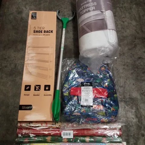 PALLET CONTAINING ASSORTED PRODUCTS INCLUDING 5 TIER SHOE RACK, DRY ERASE SENTENCE STRIPS, CHRISTMAS WRAPPING PAPER, KIDS BACKPACK, MATTRESS TOPPER & GRABBER