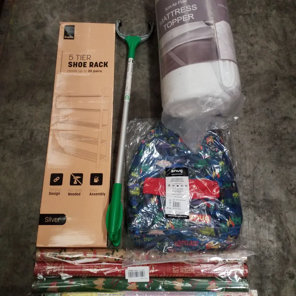 PALLET CONTAINING ASSORTED PRODUCTS INCLUDING 5 TIER SHOE RACK, DRY ERASE SENTENCE STRIPS, CHRISTMAS WRAPPING PAPER, KIDS BACKPACK, MATTRESS TOPPER & GRABBER