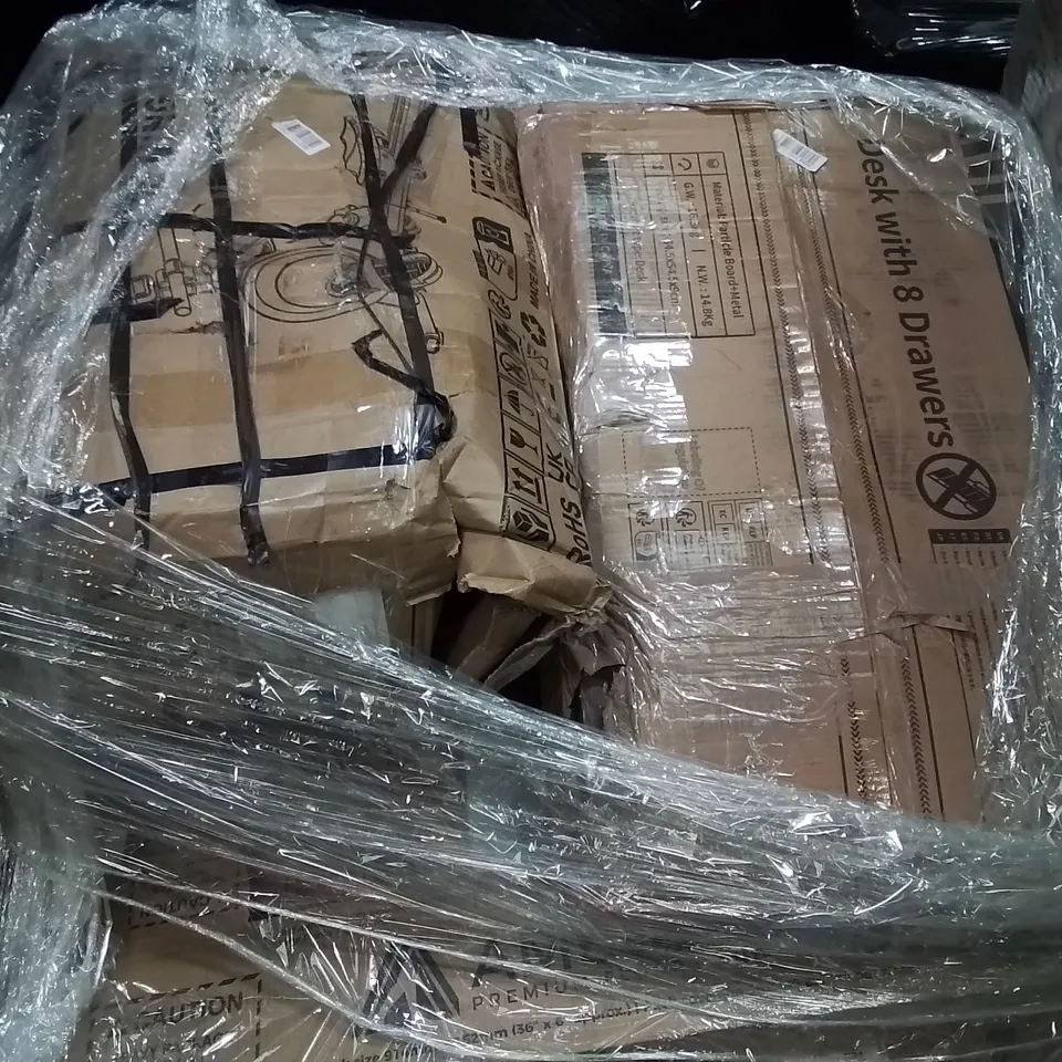 PALLET CONTAINING ASSORTED HOUSEHOLD PRODUCTS INCLUDING DESK WITH 8 DRAWERS, ROWING MACHINE, SELF ADHESIVE VINYL PLANKS & WALKING TREADMILL