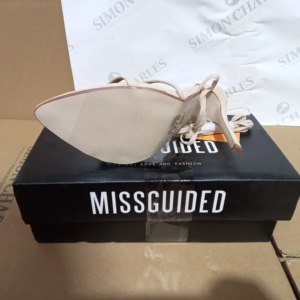 PAIR OF BOXED FAUX SUEDE TIE UP HEEDLED SANDALS SIZE 7