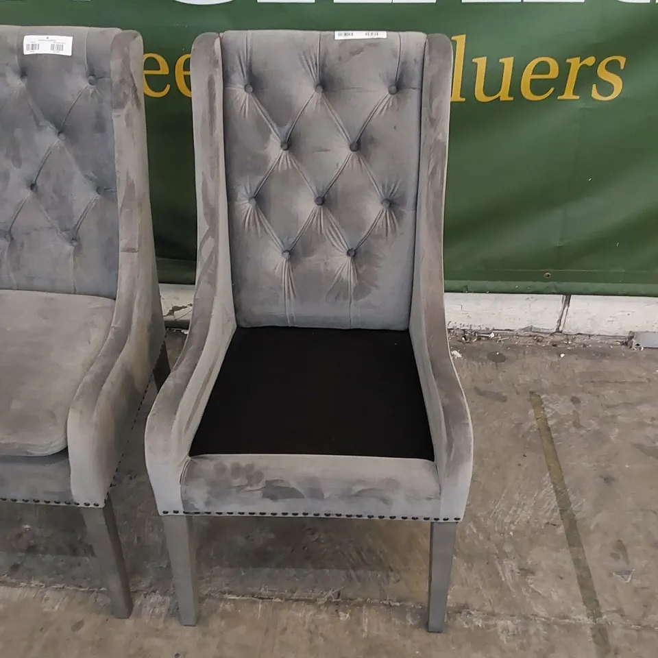 SET OF 2 COSY UPHOLSTERED HIGH-BACKED DINING CHAIRS - GREY (ONE CUSHIONS MISSING)