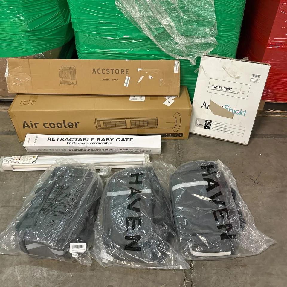 PALLET OF ASSORTED CONSUMER PRODUCTS TO INCLUDE: AIR COOLER, CLOTHES DRYING RACK, ROLLER BLIND, RETRACTABLE BABY GATE, BACKPACKS, TOILET SEAT ECT