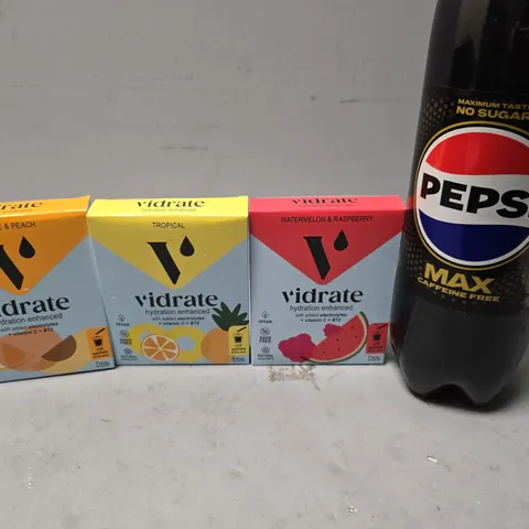 APPROXIMATELY 6 ASSORTED DRINKS ITEMS TO INCLUDE - PEPSI MAX CAFFEINE FREE , VIDRATE HYDRATION ENHANCED , PEPSI MAX