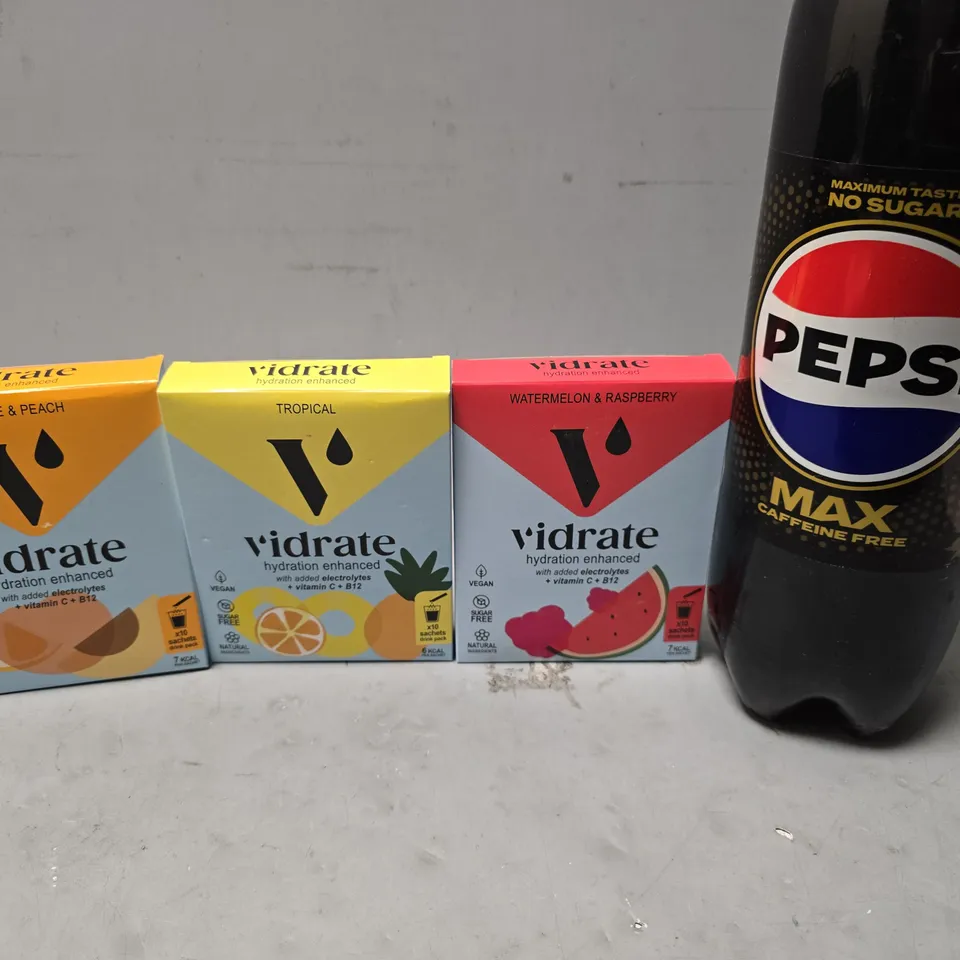 APPROXIMATELY 6 ASSORTED DRINKS ITEMS TO INCLUDE - PEPSI MAX CAFFEINE FREE , VIDRATE HYDRATION ENHANCED , PEPSI MAX 