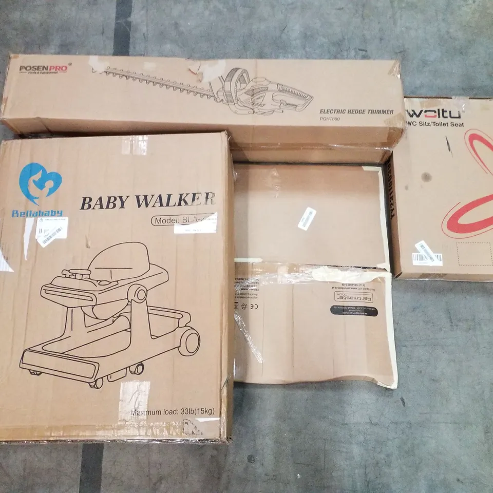 PALLET OF ASSORTED PRODUCTS INCLUDING ELECTRIC HEDGE TRIMMER, TOILET SEAT, WALL CLOCK, BABY WALKER