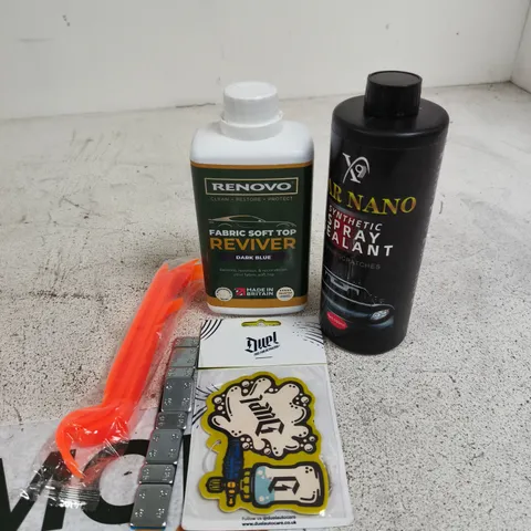 APPROXIMATELY 10 ASSORTED VEHICLE PARTS/ACCESSORIES TO INCLUDE WHEEL BEARING WEIGHTS, AIR FRESHENER, FABRIC REVIVER ETC 