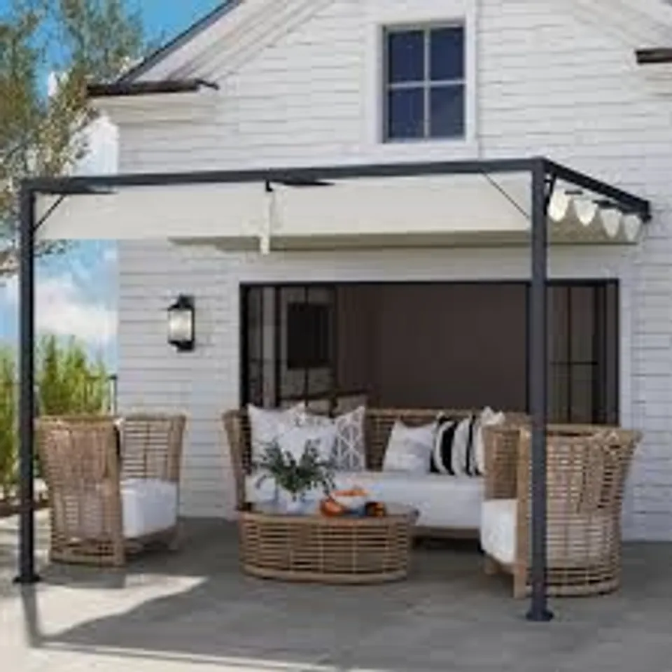 BOXED OUTSUNNY 3 X 3M CREAM WALL MOUNTED PERGOLA WITH RETRACTABLE CANOPY (1 BOX)