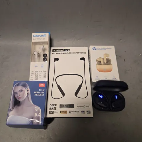 TOTE OF APPROXIMATELY 13 ASSORTED ITEMS TO INCLUDE - DASOUND EARPHONES , WIRELESS EARBUDS , HP TRUE WIRELESS HEADPHONES ETC