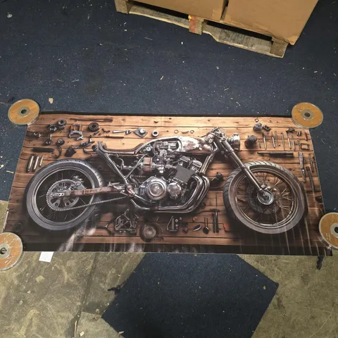 LARGE PRINT/POSTER OF CLASSIC MOTORCYCLE IN GARAGE 54 X 27 IN APPROX