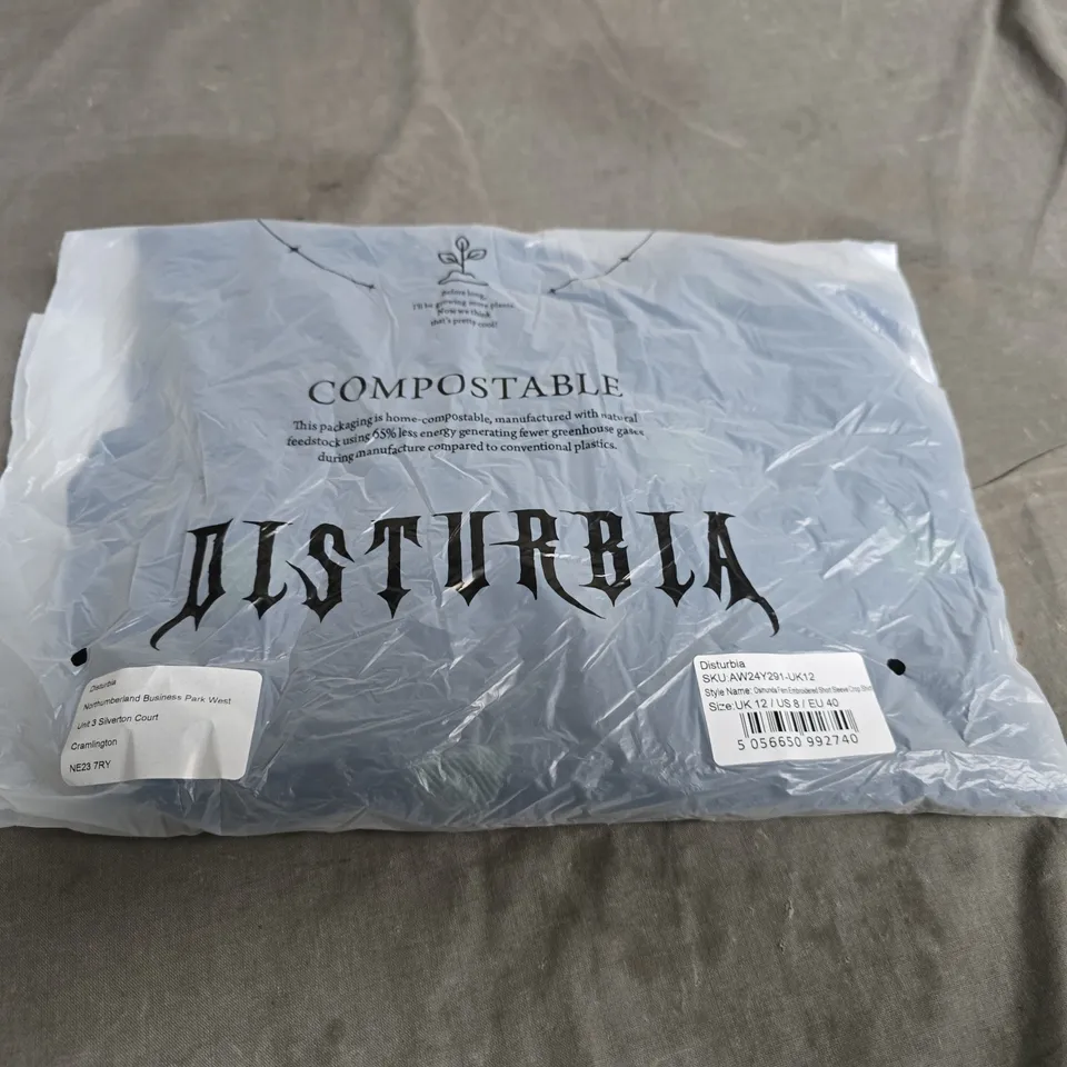 DISTURBIA OSMUNDA FERN EMBROIDERED SHORT SLEEVE CROP SHIRT – UK 12