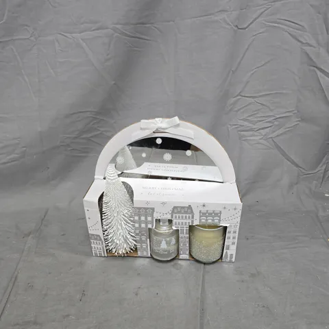 CHRISTMAS GIFT SET - TWO GLASS CANDLE JARS WITH DECORATIVE WHITE TREE IN GIFT BOX 