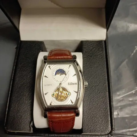 EDISON AUTOMATIC MOONPHASE WATCH WITH LEATHER STRAP โ BOXED