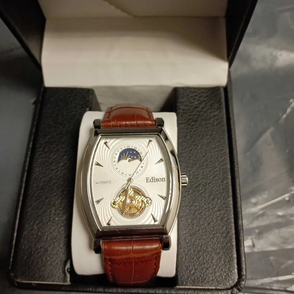 EDISON AUTOMATIC MOONPHASE WATCH WITH LEATHER STRAP – BOXED