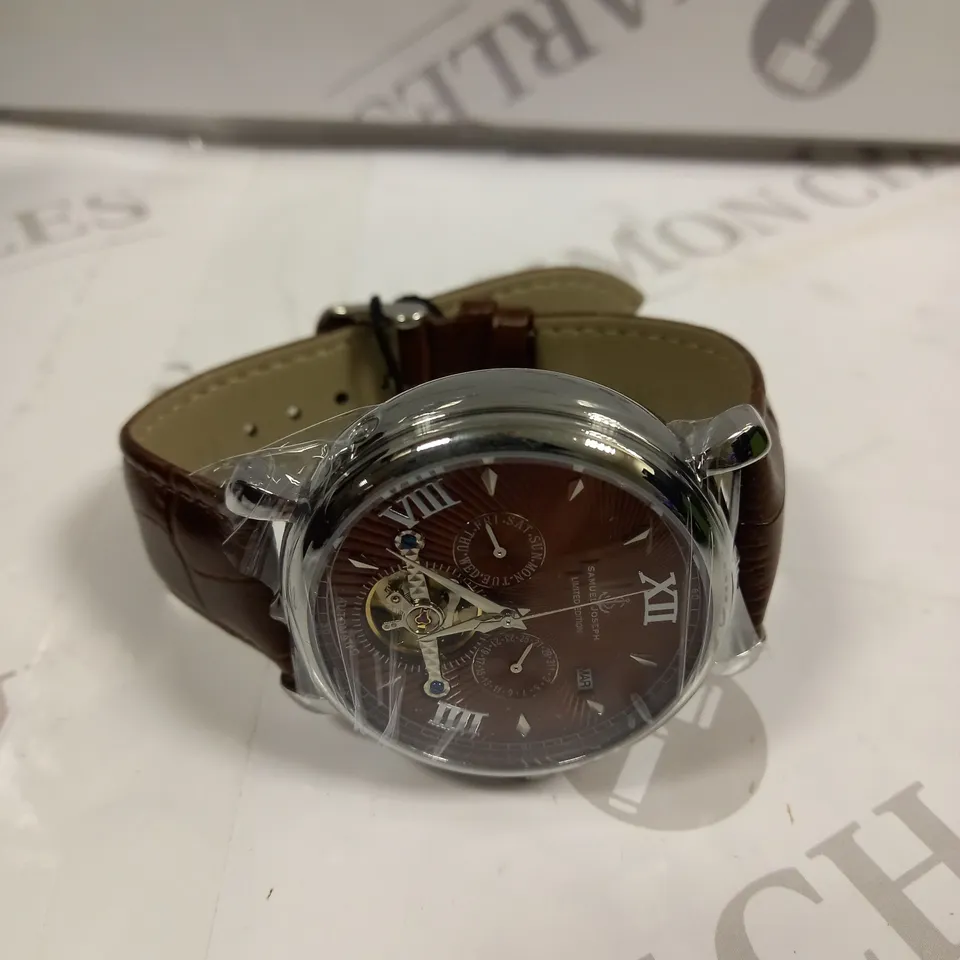 BOXED SAMUEL JOSEPH AUTOMATIC STEEL BROWN WATCH WITH LEATHER STRAP